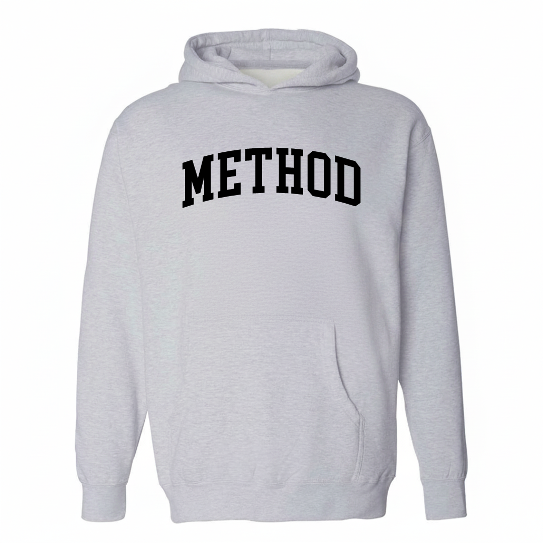 Heather-gray hoodie with the Method, Raleigh varsity arched lettering design on the chest.