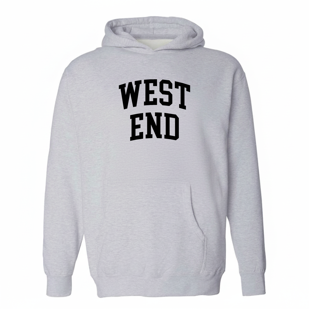 Heather-gray hoodie with the West End Pittsburgh varsity arched lettering design on the chest.