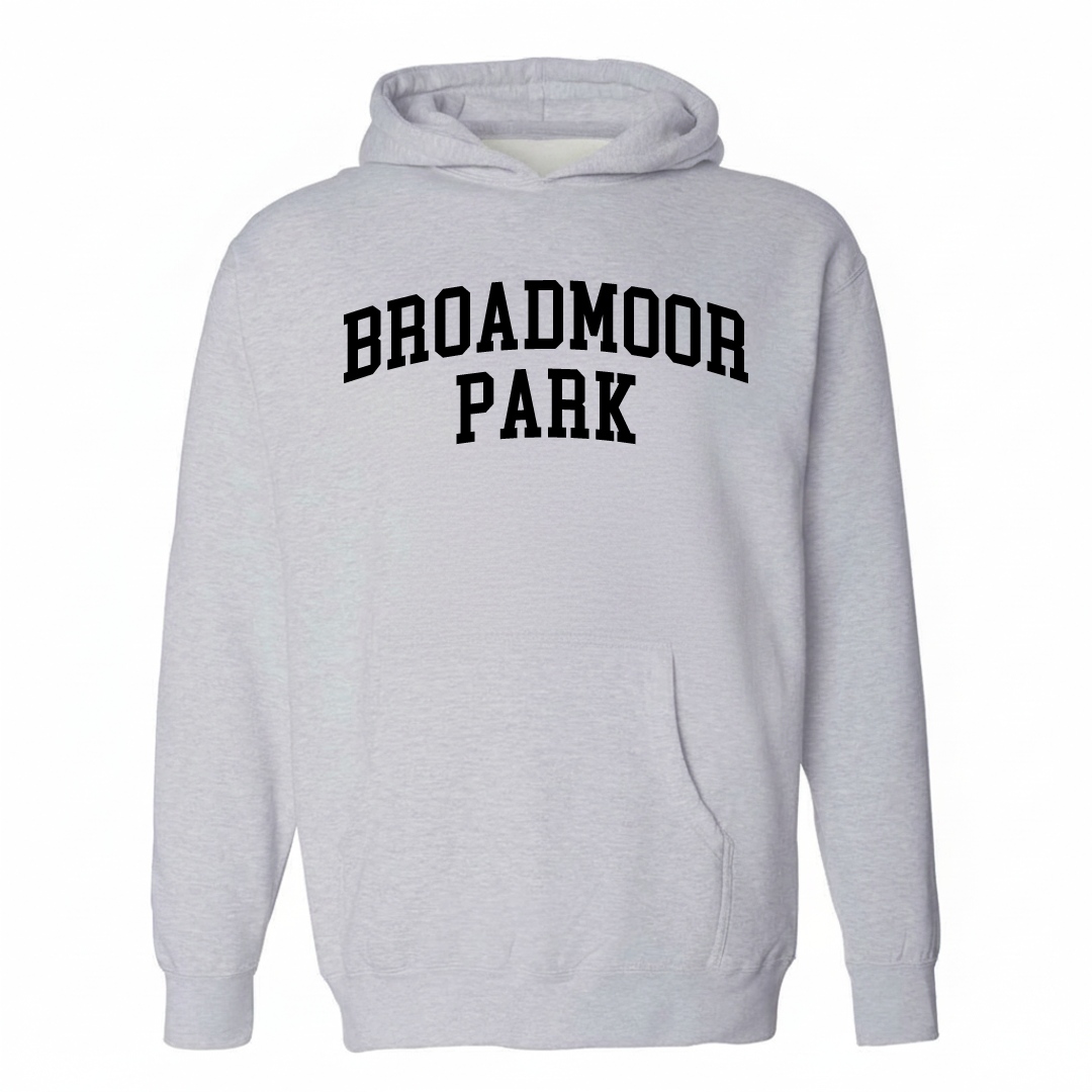 Heather-gray hoodie with the Broadmoor Park varsity arched lettering design on the chest.
