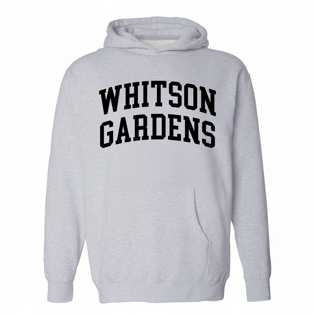 Heather-gray hoodie with the Whitson Gardens varsity arched lettering design on the chest.