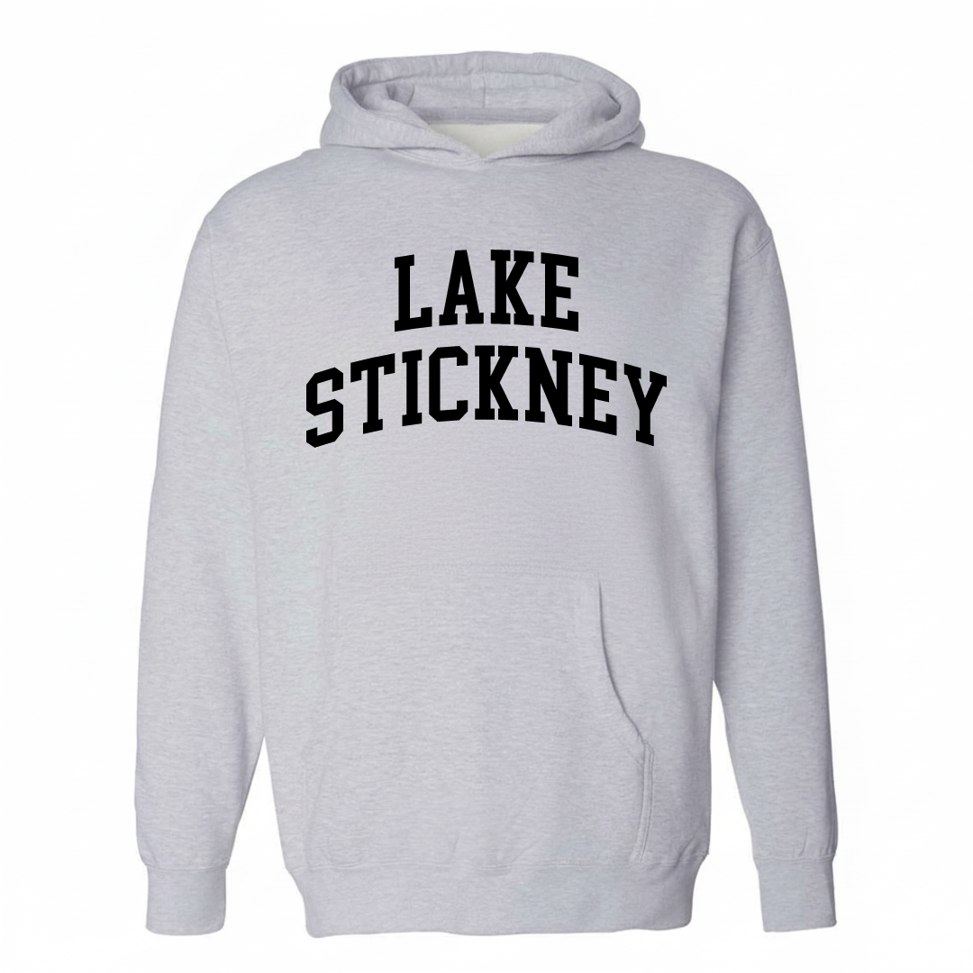 Heather-gray hoodie with the Lake Stickney varsity arched lettering design on the chest.