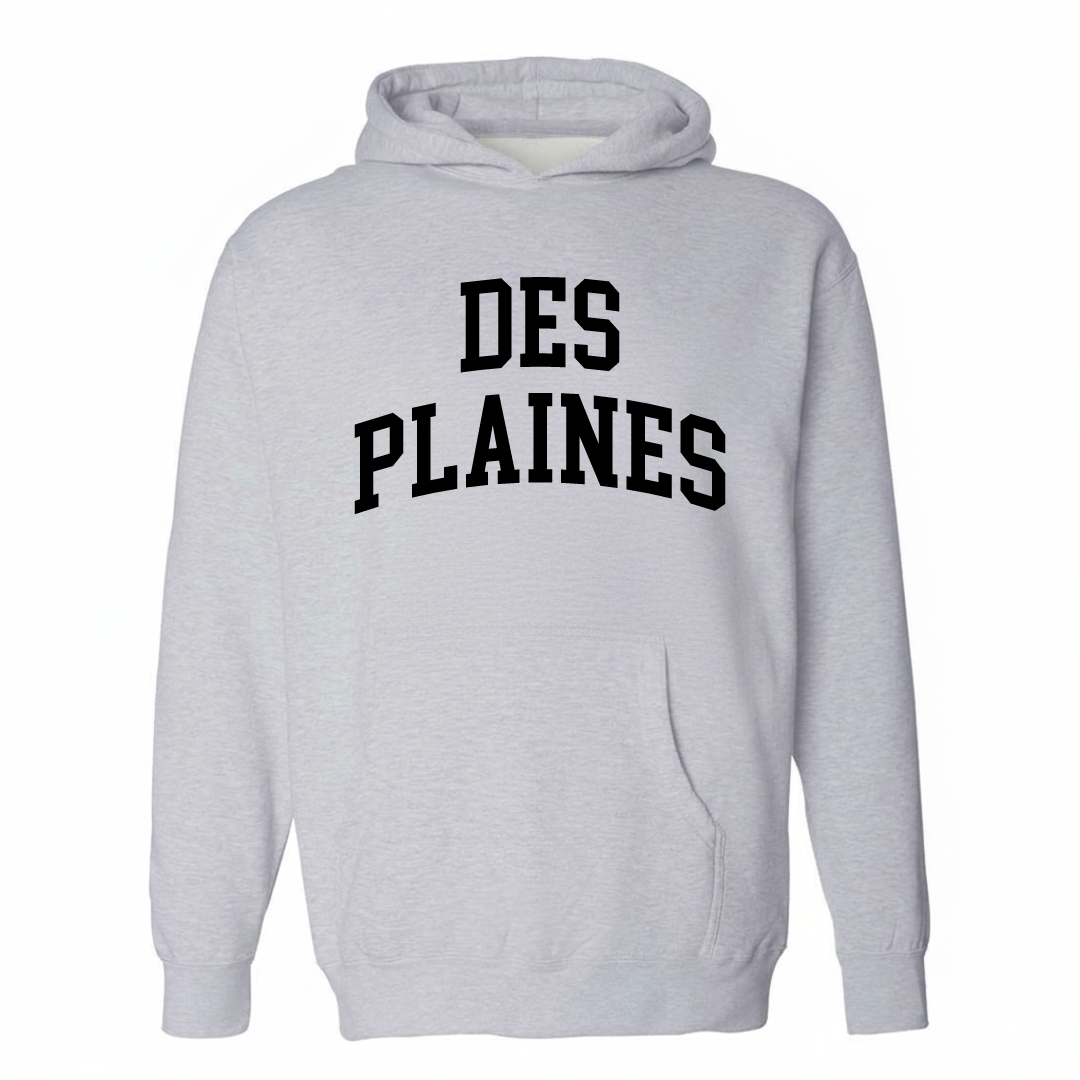 Heather-gray hoodie with the Des Plaines arched varsity lettering design on the chest.