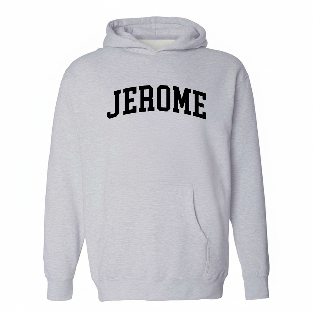 Heather-gray hoodie with the Jerome, AZ varsity arched lettering design on the chest.