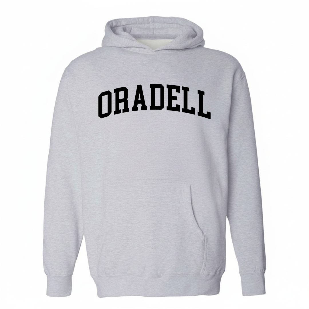 Heather-gray hoodie with the Oradell arched lettering varsity design on the chest.