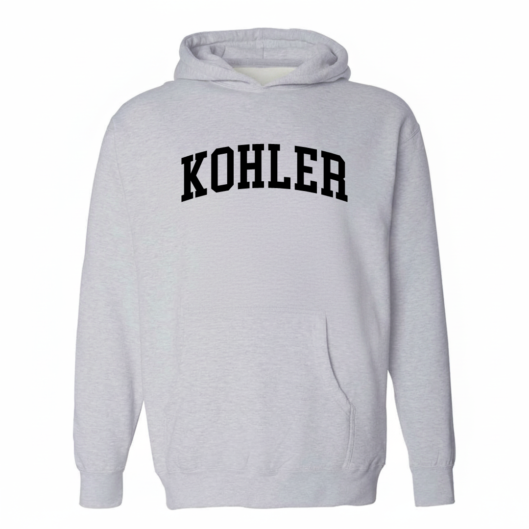 Heather-gray hoodie with the Kohler arched varsity lettering design on the chest.