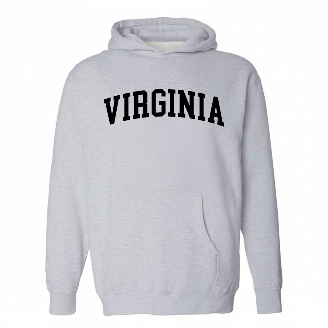 Heather-gray hoodie with the Virginia MN arched varsity lettering design on the chest.