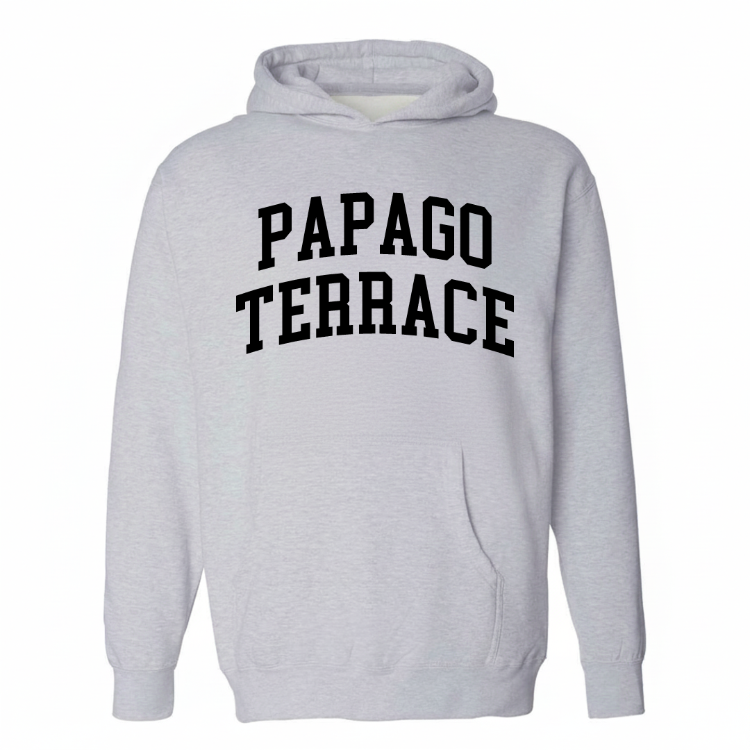 Heather-gray hoodie with the Papago Terrace varsity arched lettering design on the chest.