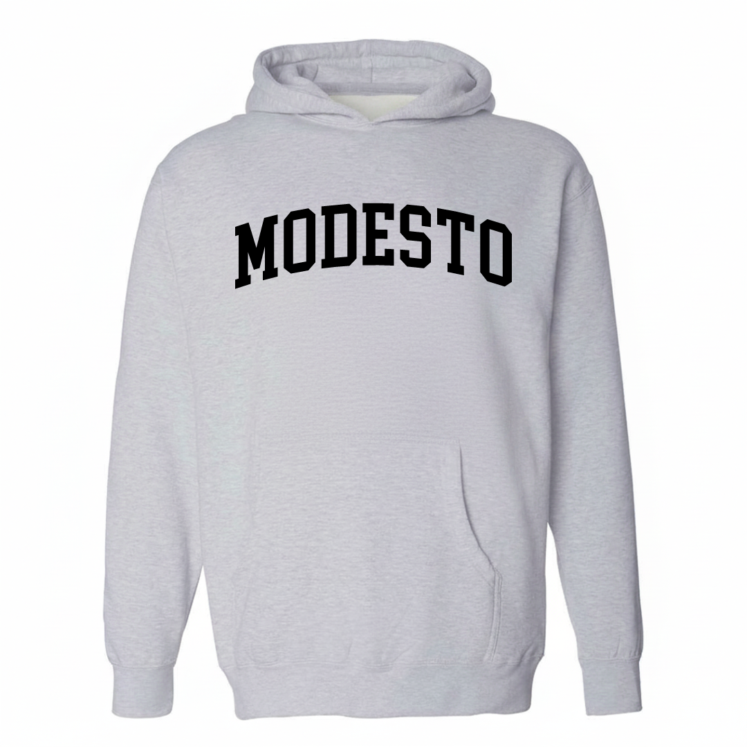 Heather-gray hoodie with the Modesto varsity arched lettering design on the chest.