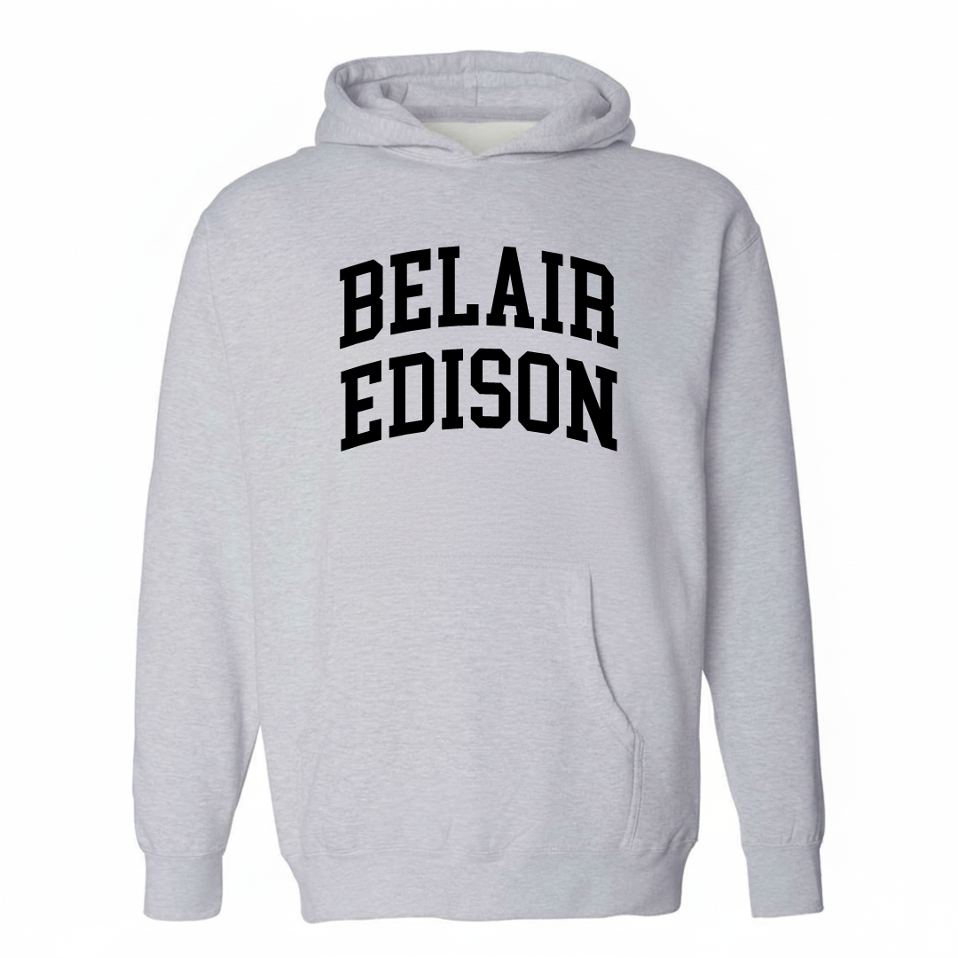 Heather-gray hoodie with the Belair-Edison arched lettering varsity-collegiate design on the chest.