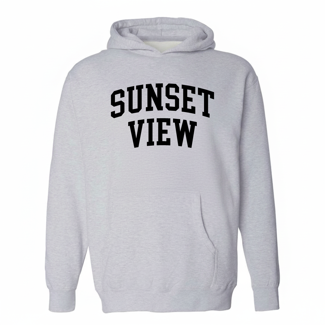 Heather-gray hoodie with the Sunset View arched lettering design on the chest.