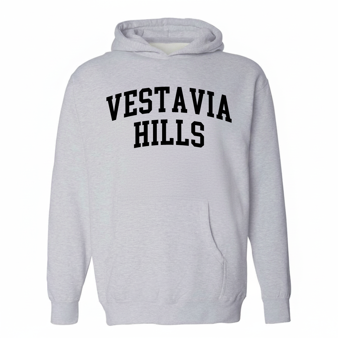 Heather-gray hoodie with the Vestavia Hills varsity arched lettering design on the chest.