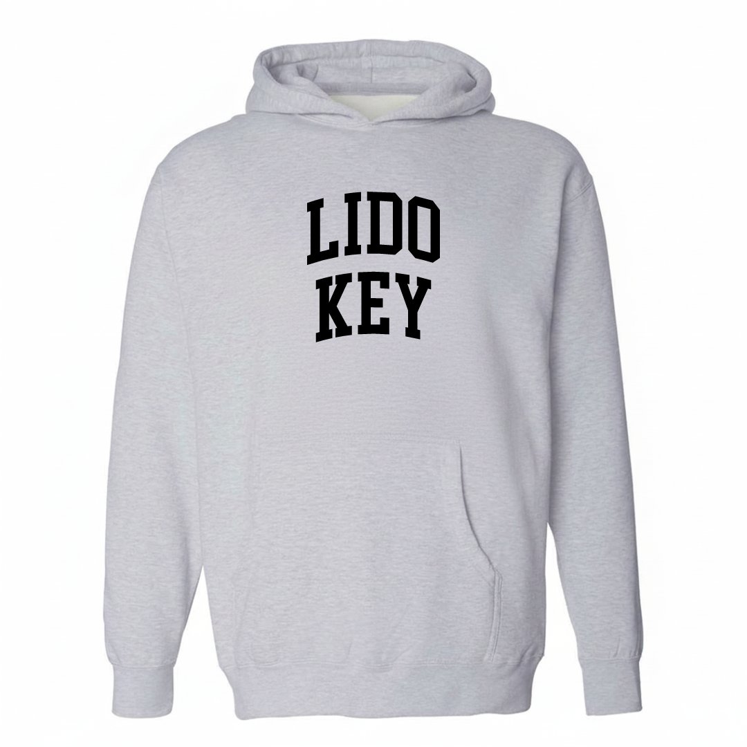 Heather-gray hoodie with the Lido Key varsity arched lettering design on the chest.
