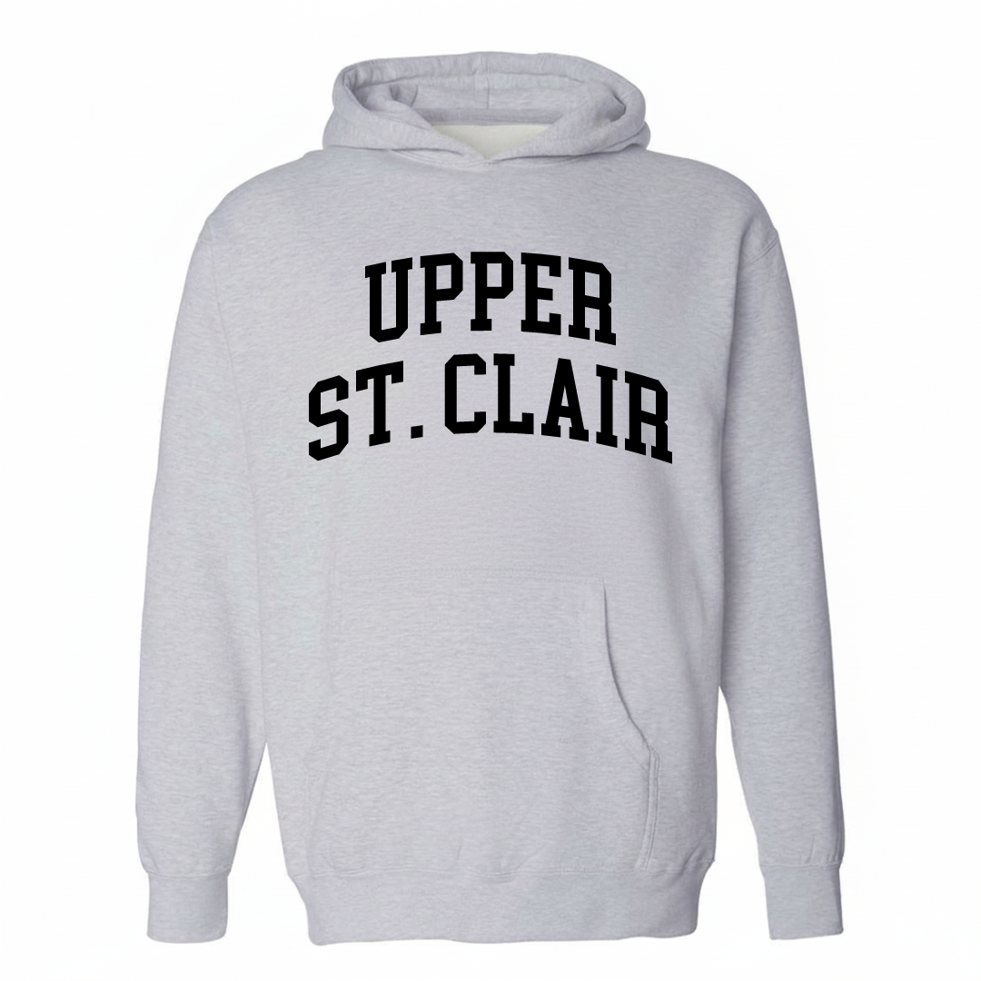Heather-gray hoodie with the Upper St. Clair varsity arched lettering design on the chest.