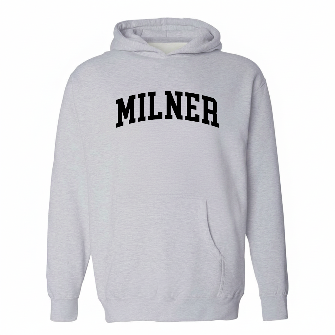 Heather-gray hoodie with the Milner varsity arched lettering design on the chest.