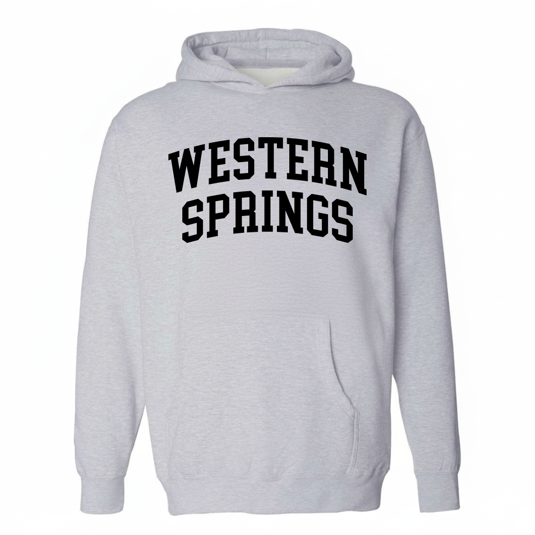 Heather-gray hoodie with the Western Springs varsity arched lettering design on the chest.