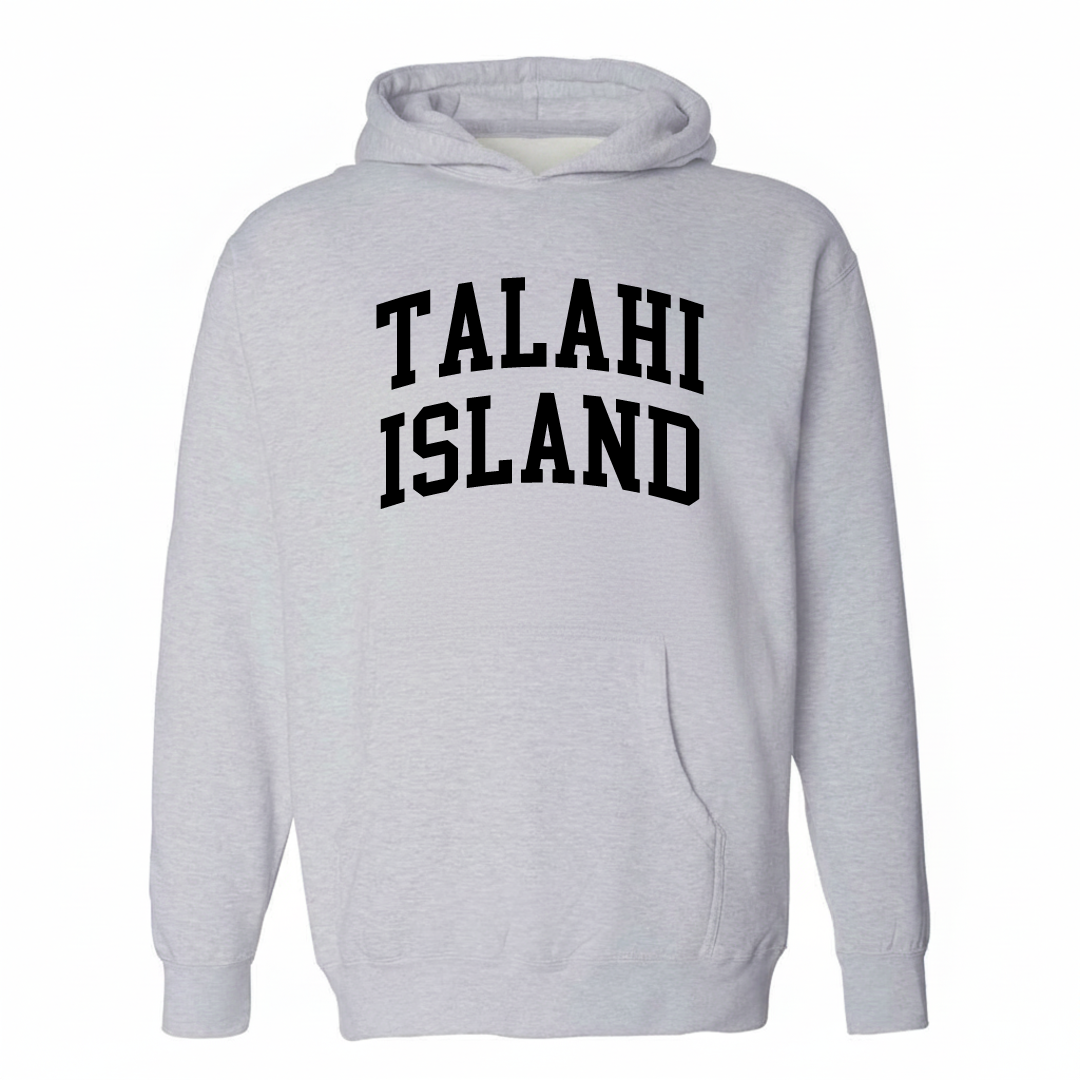 Heather-gray hoodie with the Talahi Island varsity arched lettering design on the chest.