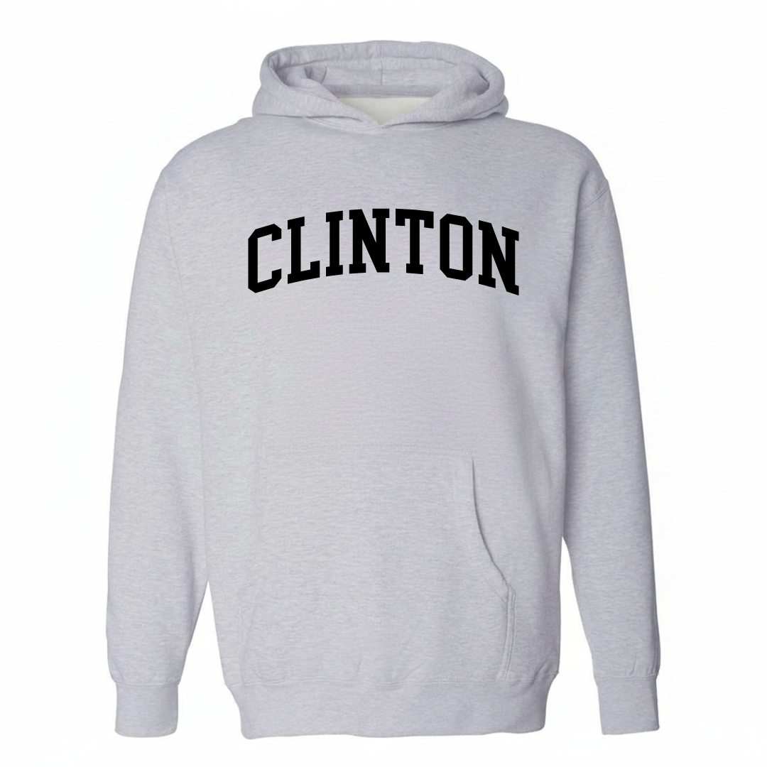 Heather-gray hoodie with the Clinton MA varsity arched lettering design on the chest.