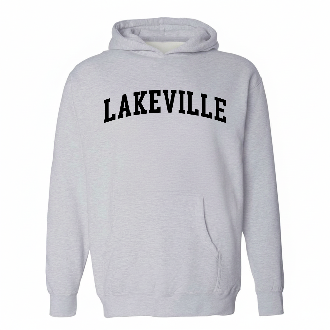 Heather-gray hoodie with the Lakeville arched lettering varsity-collegiate design on the chest.