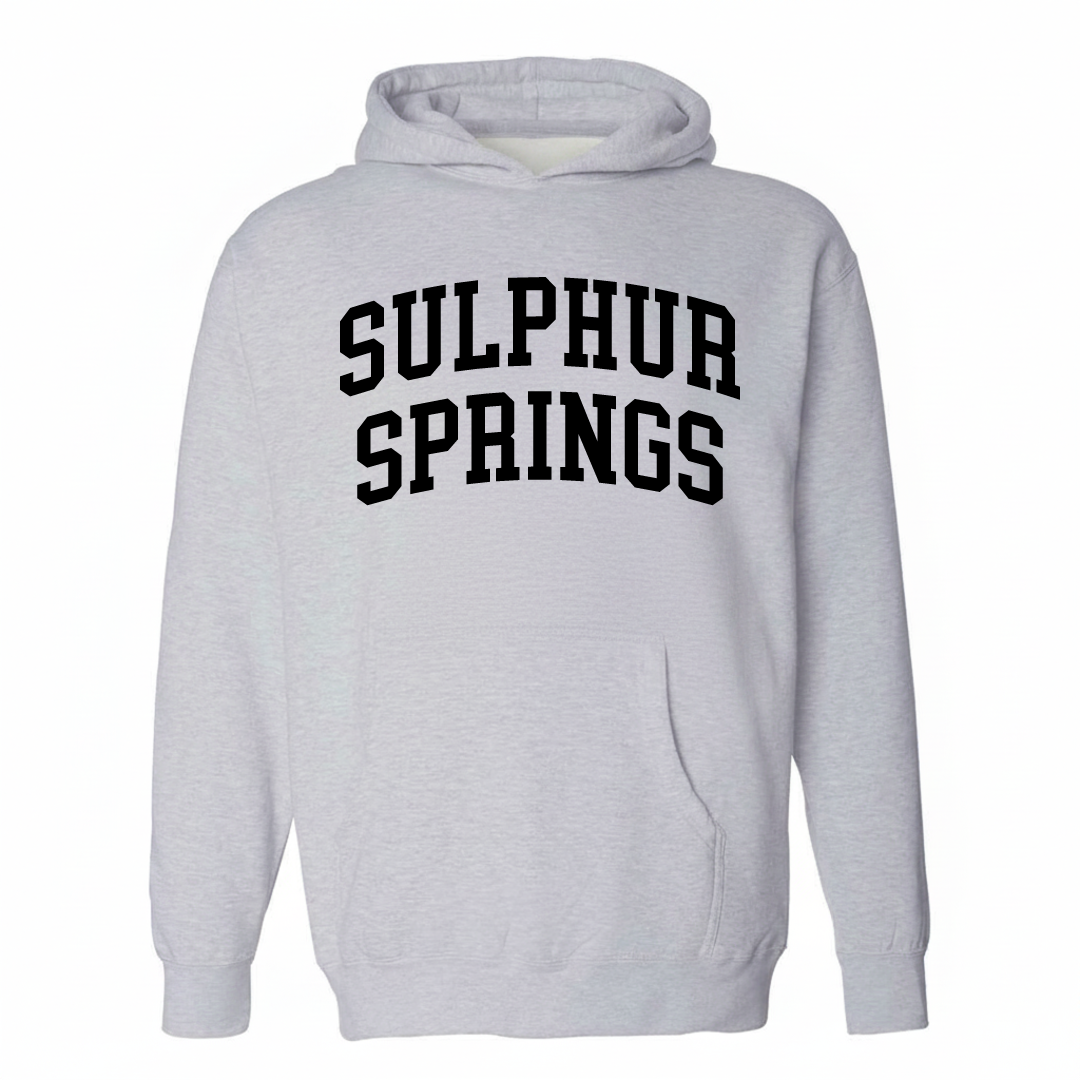 Heather-gray hoodie with the Sulphur Springs arched varsity lettering and water tower design on the chest.