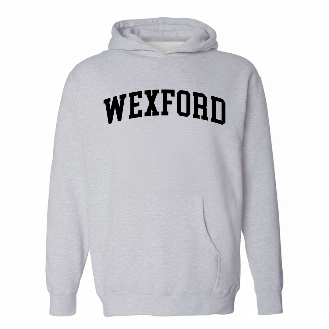 Heather-gray hoodie with the Wexford varsity arched lettering design on the chest.