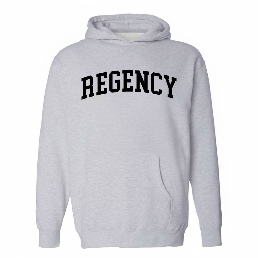 Heather-gray hoodie with the Regency Park varsity arched lettering design on the chest.