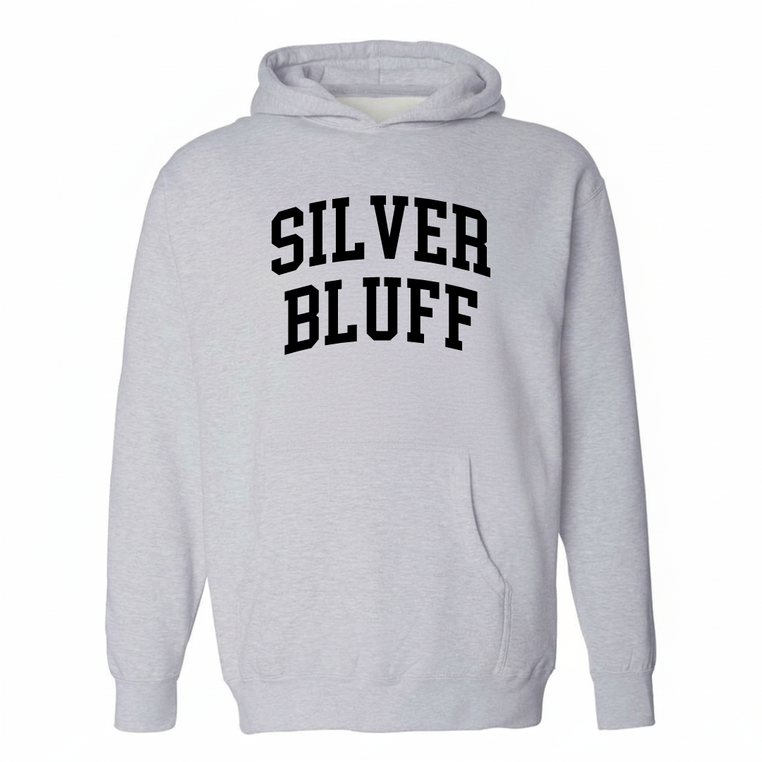 Heather-gray hoodie with the Silver Bluff varsity arched lettering design on the chest.