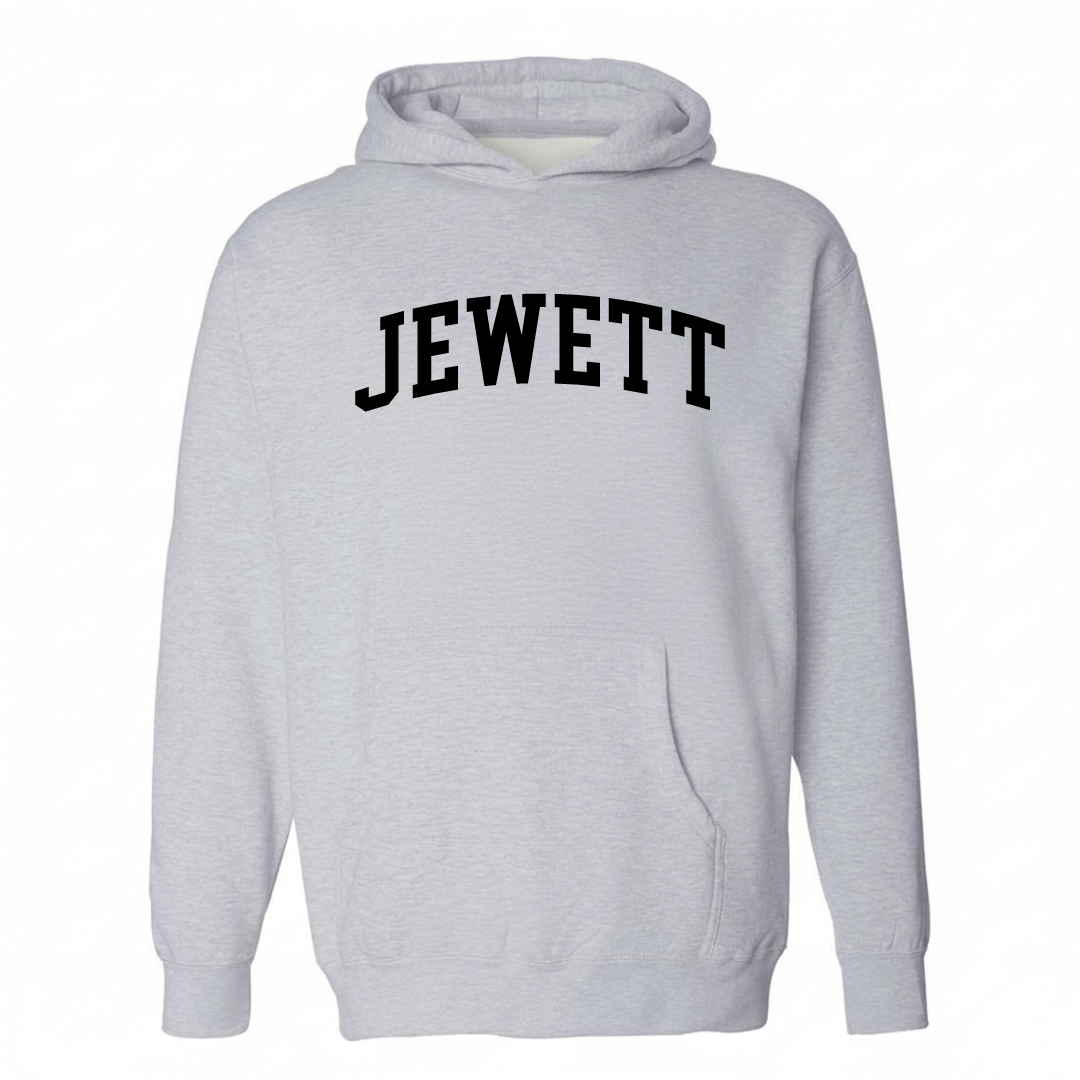 Heather-gray hoodie with the Jewett arched lettering varsity design on the chest.