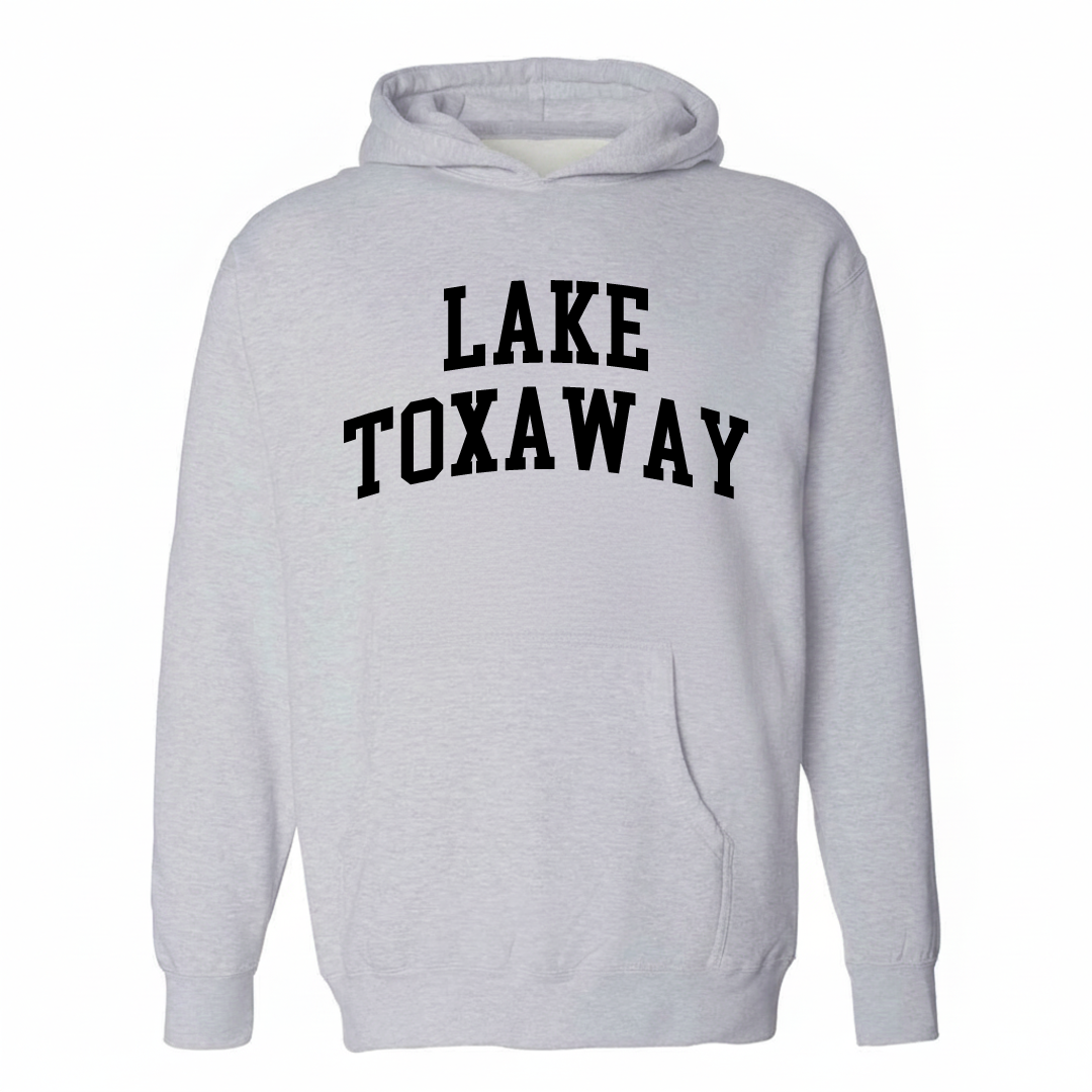 Heather-gray hoodie with the Lake Toxaway varsity arched lettering design on the chest.