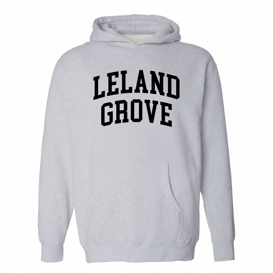 Heather-gray hoodie with the Leland Grove varsity arched lettering design on the chest.