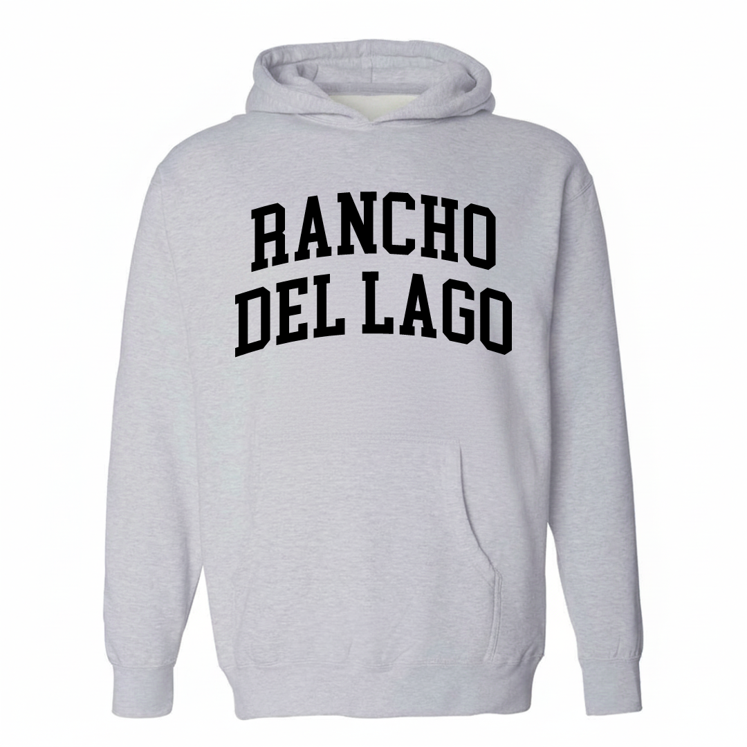 Heather-gray hoodie with the Rancho del Lago arched lettering design on the chest.