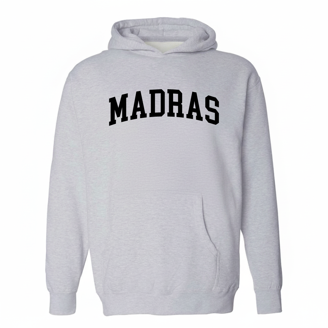 Heather-gray hoodie with the Madras arched varsity lettering design on the chest.