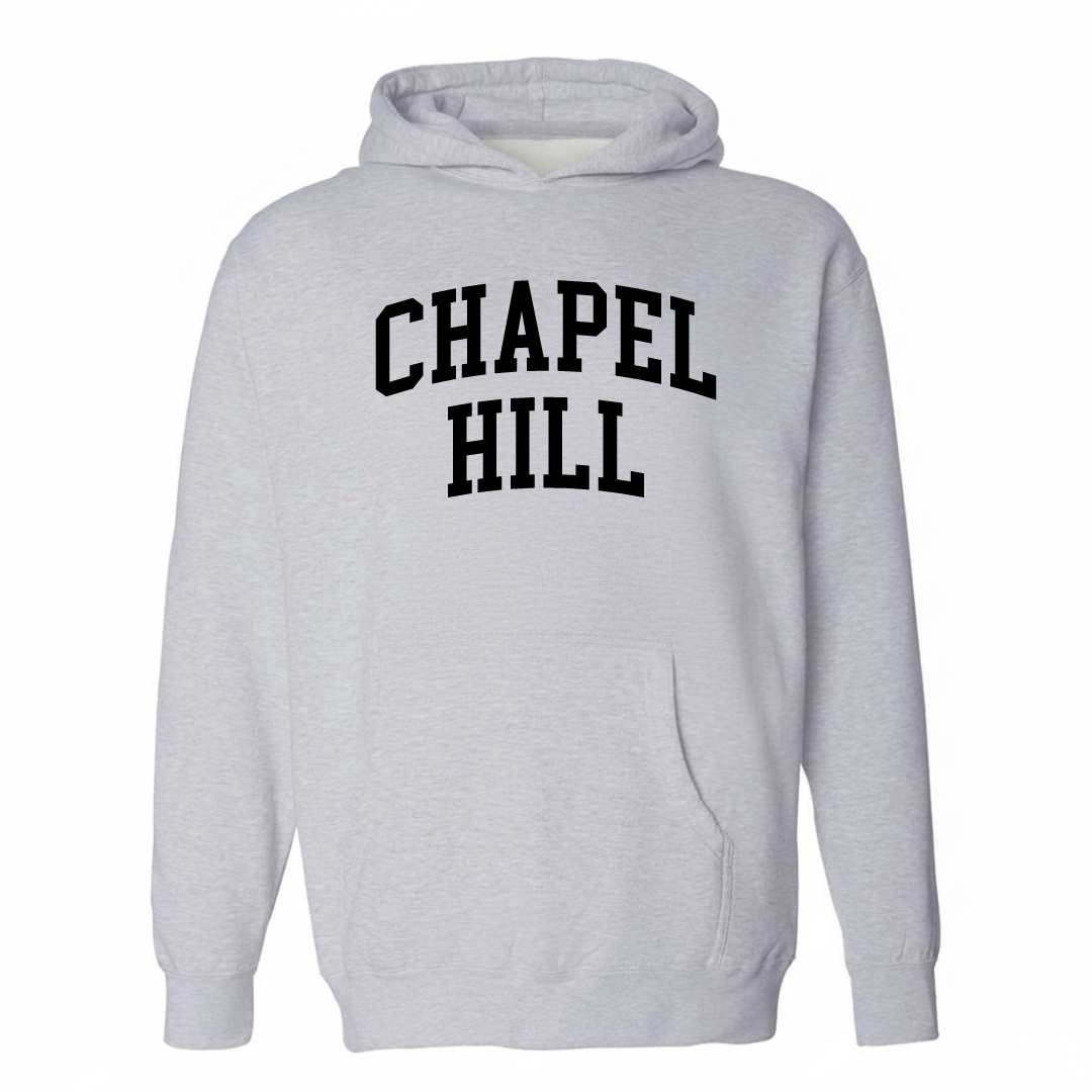 Heather-gray hoodie with the Chapel Hill arched lettering varsity-collegiate design on the chest.