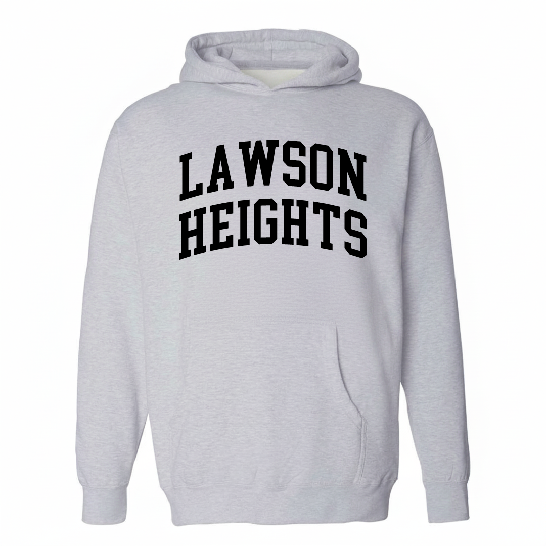 Heather-gray hoodie with the Lawson Heights varsity arched lettering design on the chest.