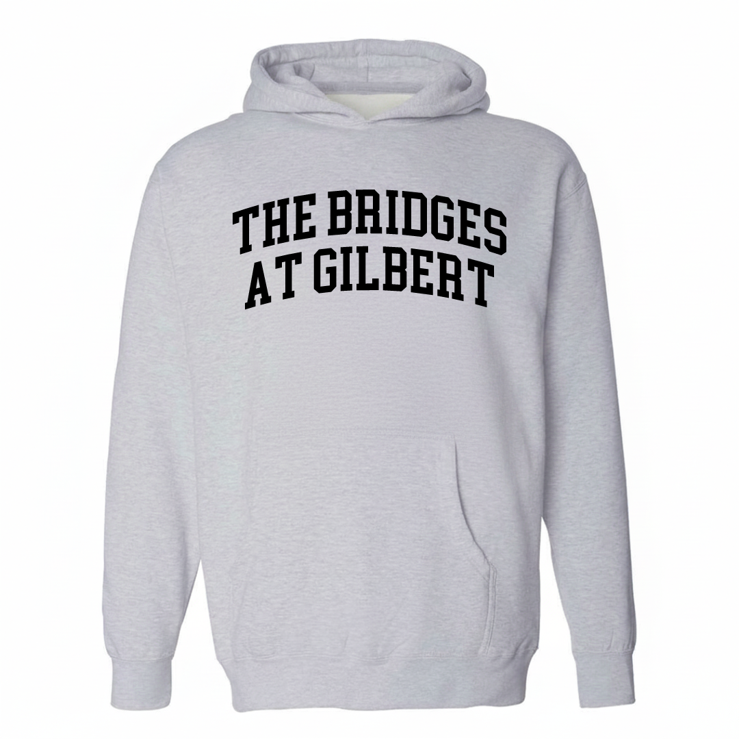 Heather-gray hoodie with The Bridges at Gilbert varsity arched lettering design on the chest.