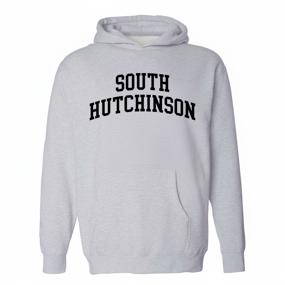 Heather-gray hoodie with the South Hutchinson varsity arched lettering design on the chest.