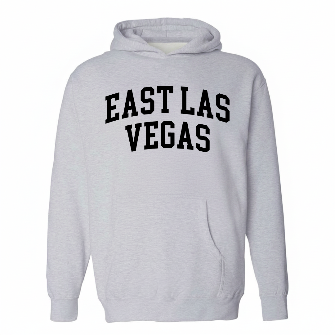 Heather-gray hoodie with the East Las Vegas varsity arched lettering design on the chest.