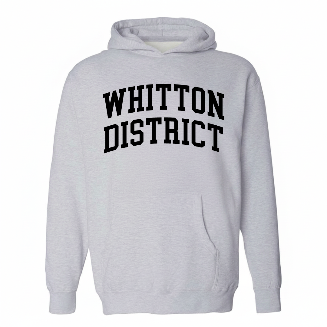 Heather-gray hoodie with the Whitton District varsity arched lettering design on the chest.
