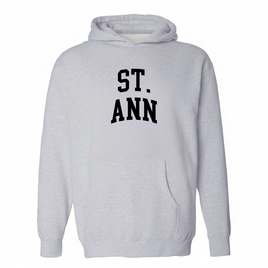Heather-gray hoodie with the St. Ann varsity arched lettering design on the chest.