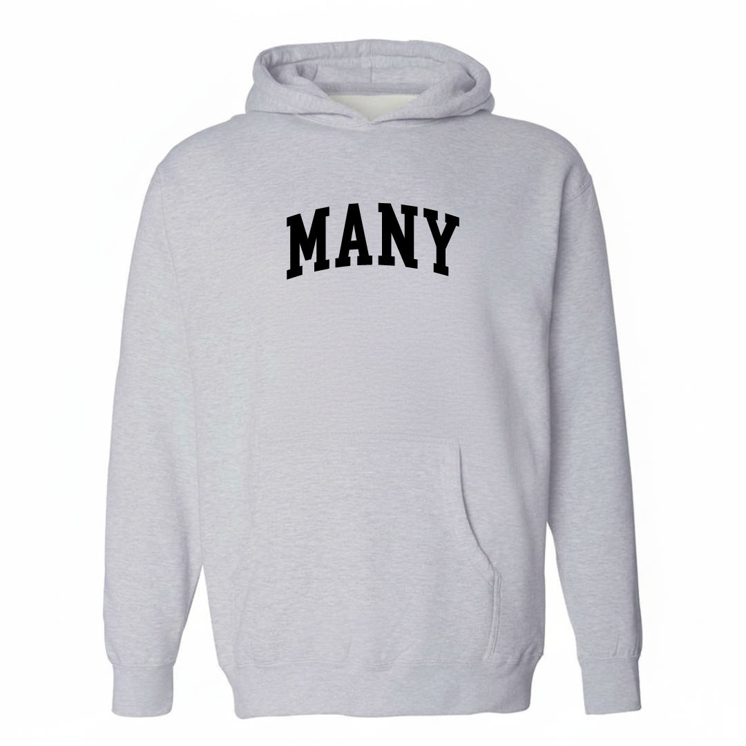 Heather-gray hoodie with the Many, Louisiana varsity arched lettering design on the chest.