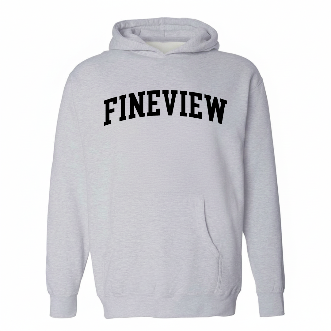 Heather-gray hoodie with the Fineview varsity arched lettering design on the chest.