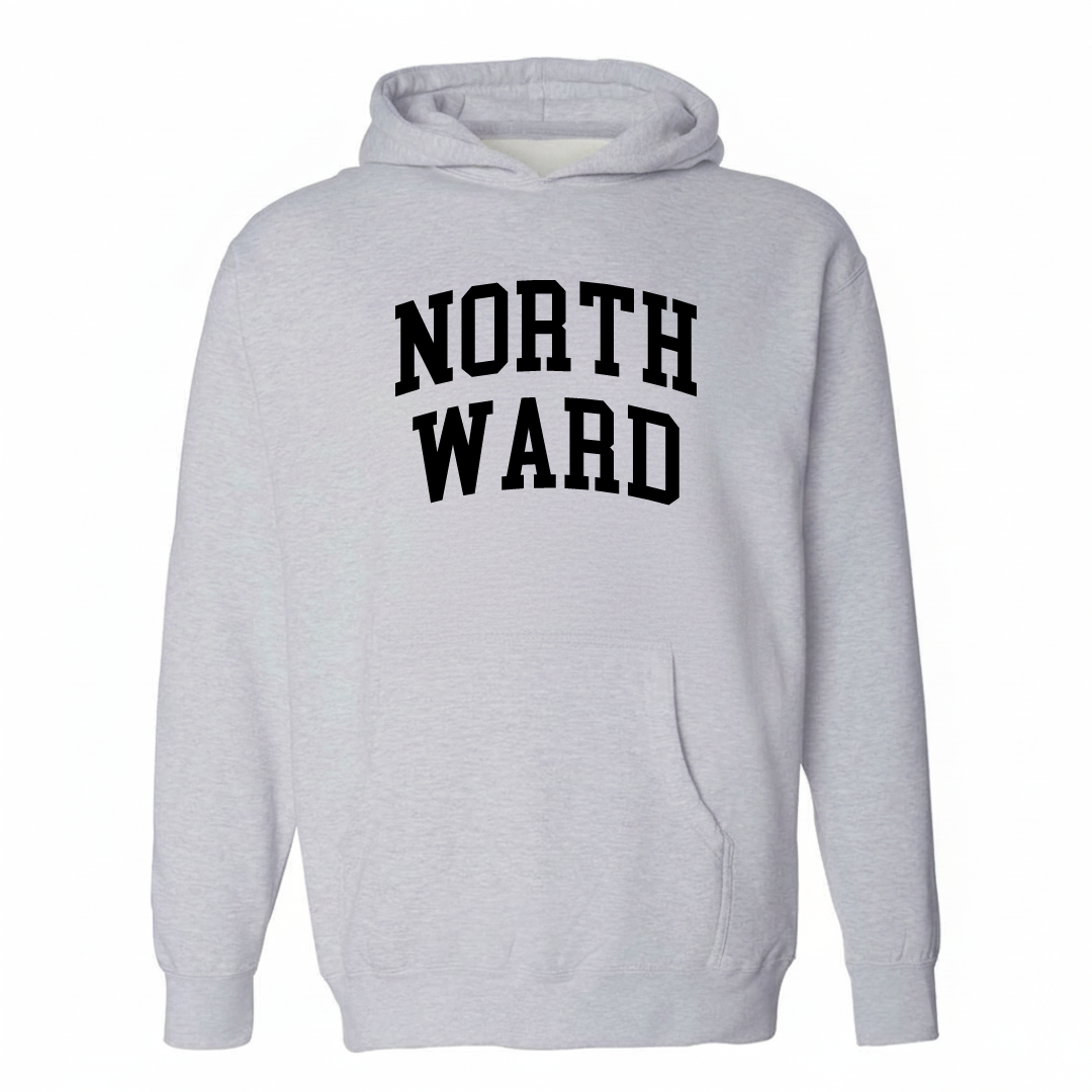Heather-gray hoodie with the North Ward varsity arched lettering design on the chest.