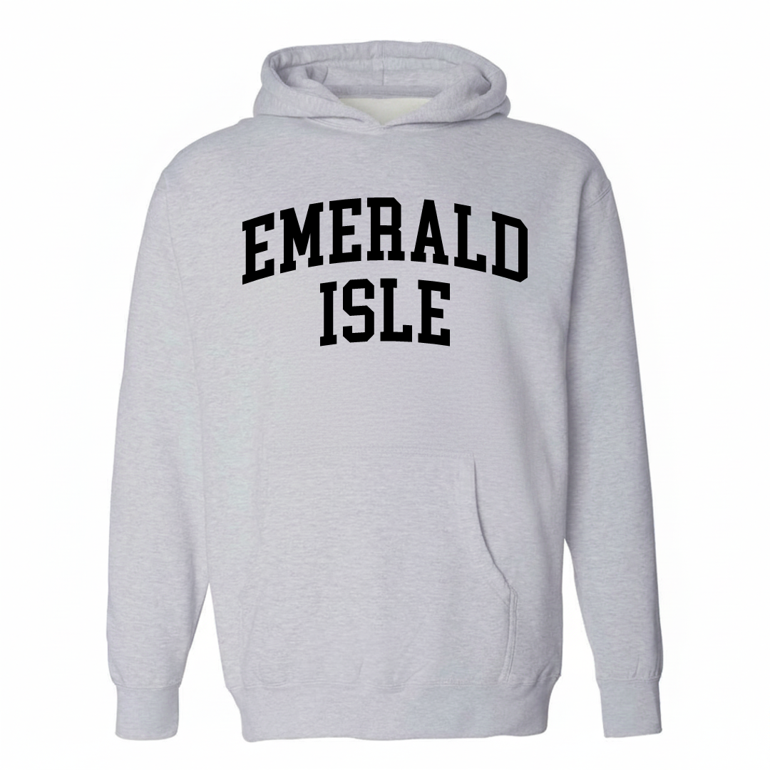 Heather-gray hoodie with the Emerald Isle varsity arched lettering design on the chest.
