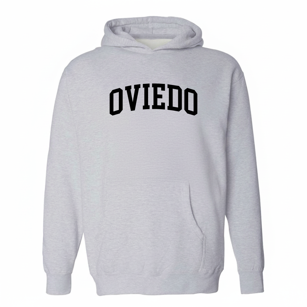 Heather-gray hoodie with the Oviedo varsity arched lettering design on the chest.