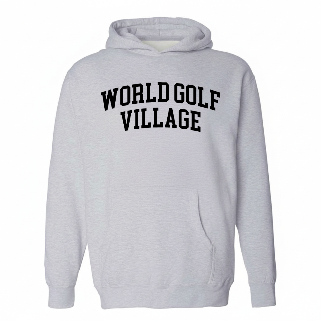 Heather-gray hoodie with the World Golf Village varsity arched lettering design on the chest.