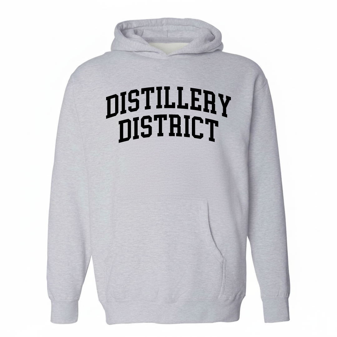 Heather-gray hoodie with the Distillery District varsity arched lettering design on the chest.