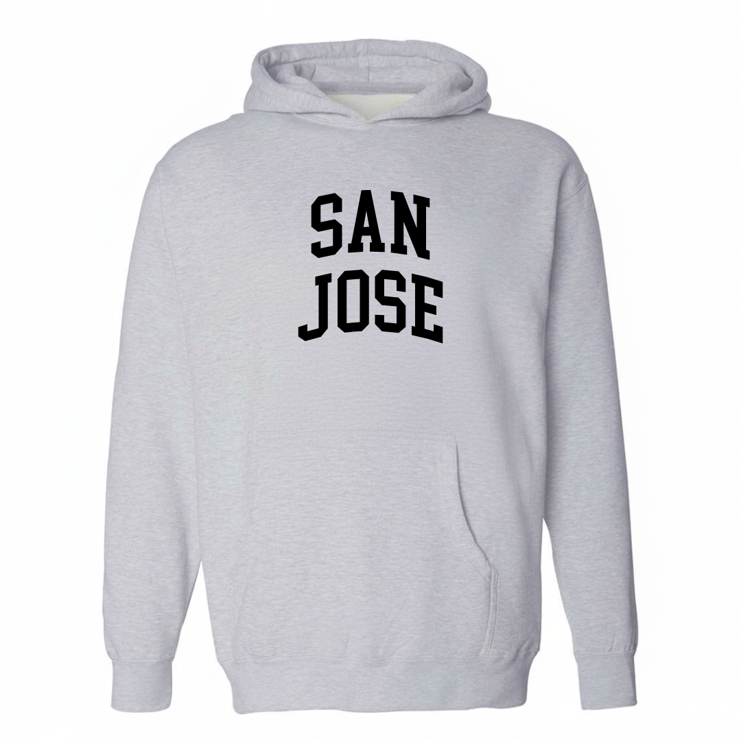 Heather-gray hoodie with the San Jose Georgetown TX arched lettering design on the chest.