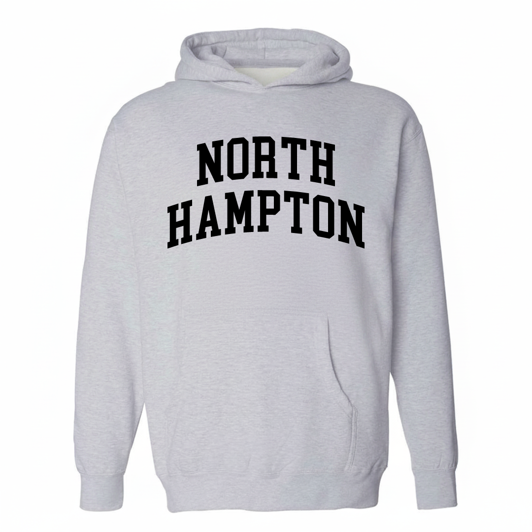 Heather-gray hoodie with the North Hampton arched lettering design on the chest.