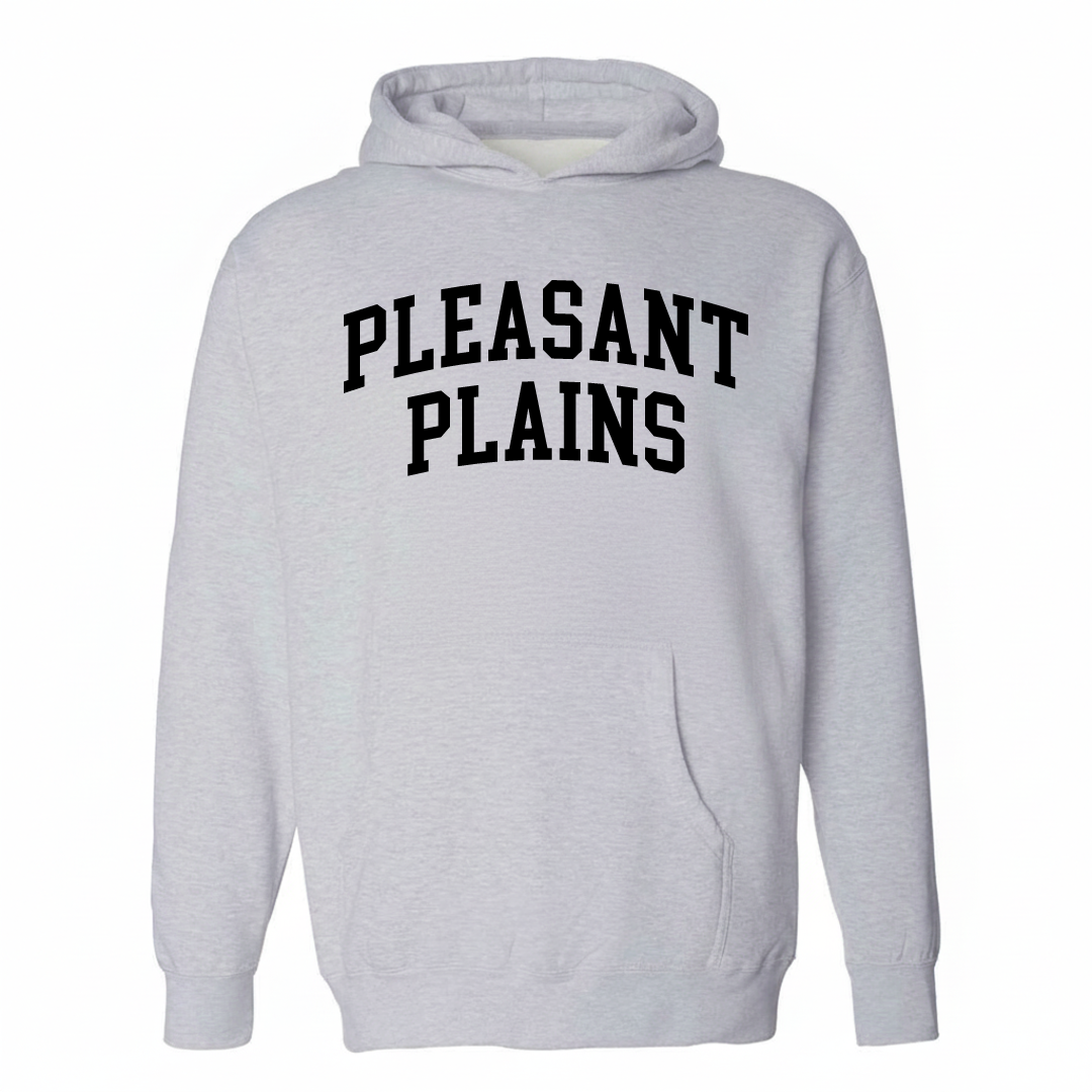 Heather-gray hoodie with the Pleasant Plains arched varsity lettering design on the chest.