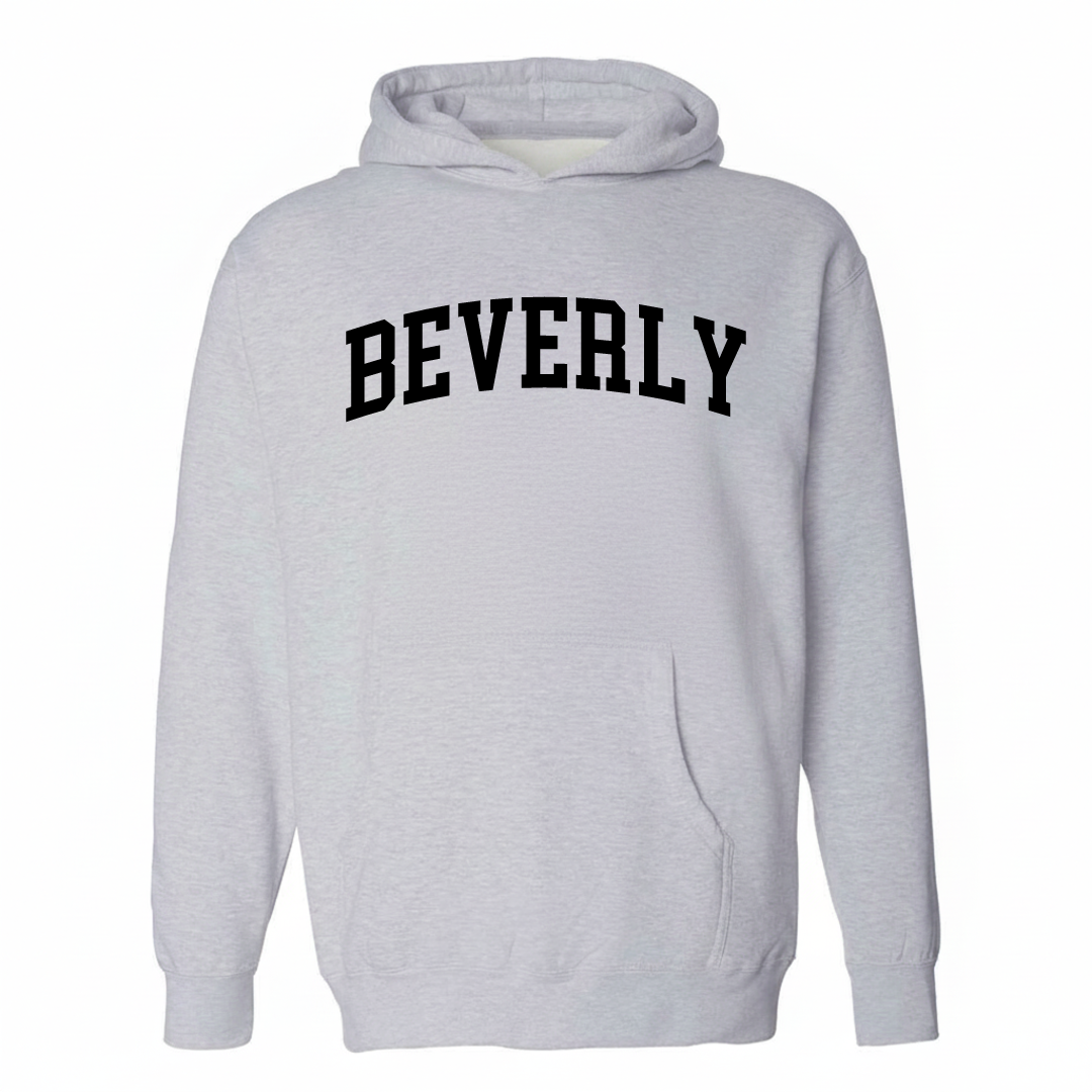 Heather-gray hoodie with the Beverly arched lettering varsity-collegiate design on the chest.