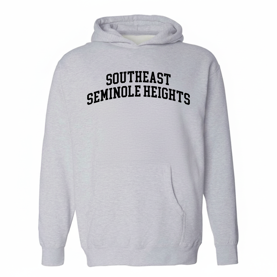 Heather-gray hoodie with the Southeast Seminole Heights varsity arched lettering design on the chest.